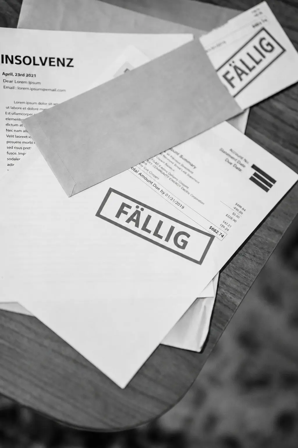 Insolvenzunterlagen und als fällig gestempelte Rechnungen auf Tisch
