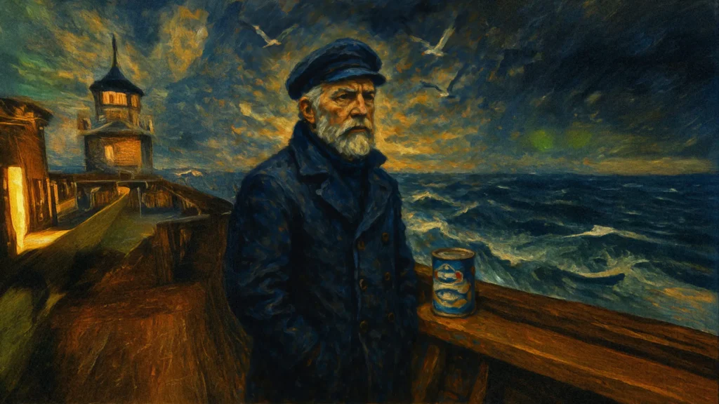 Alter Mann am Meer mit Fischdose.
