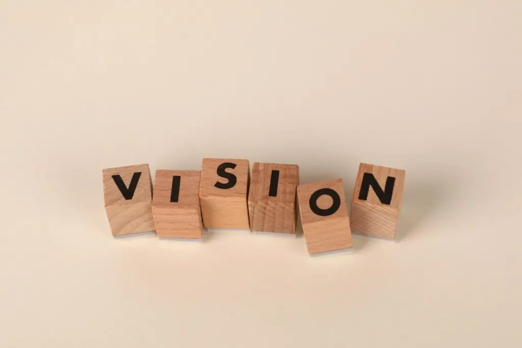 Wooden blocks spelling VISION on neutral background